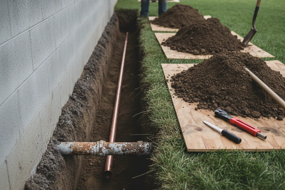 Excavated water line trench during Sewer Line Repair in Grandy